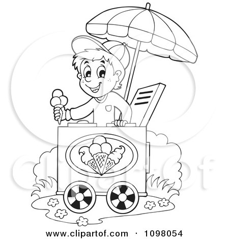 Clipart Outlined Happy Ice Cream Vendor Boy Holding Out A Cone - Royalty Free Vector Illustration by visekart
