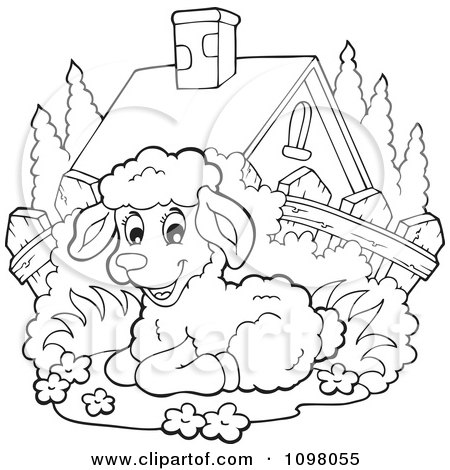 Clipart Outlined Cute Lamb Resting By A House - Royalty Free Vector Illustration by visekart