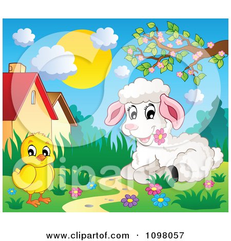 Clipart Cute White Lamb And Chick In A Spring Meadow - Royalty Free Vector Illustration by visekart