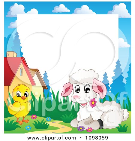 Clipart Easter Frame With A Cute White Lamb And Chick Around White Space - Royalty Free Vector Illustration by visekart