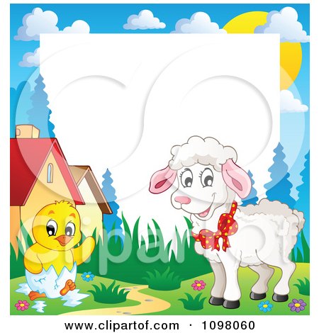 Clipart Easter Frame With A Cute White Lamb And Hatching Chick Around White Space - Royalty Free Vector Illustration by visekart