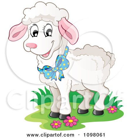 Clipart Cute White Lamb Wearing A Blue Bow - Royalty Free Vector Illustration by visekart
