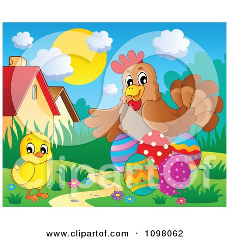 Clipart Cute Easter Chick And Hen With Eggs - Royalty Free Vector Illustration by visekart