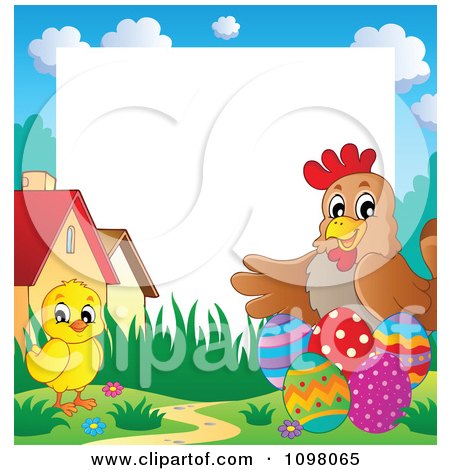 Clipart Cute Easter Chick And Hen With Eggs And Copyspace - Royalty Free Vector Illustration by visekart