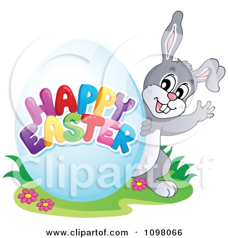 Clipart Waving Bunny And A Happy Easter Greeting Egg - Royalty Free Vector Illustration by visekart