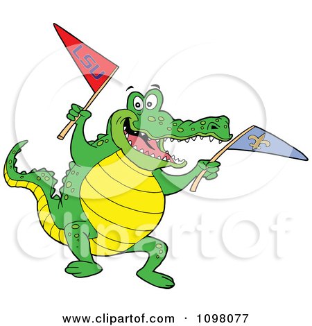 Clipart Happy Sports Fan Gator Jumping Up And Down With Flag - Royalty Free Vector Illustration by LaffToon