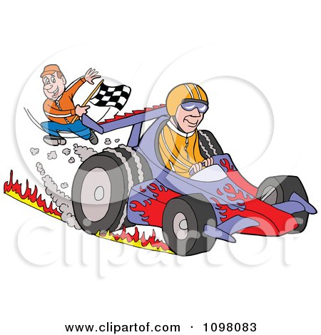 Clipart Happy Man Waving A Checkered Flag At A Race Car Driver At The Finish Line - Royalty Free Vector Illustration by LaffToon