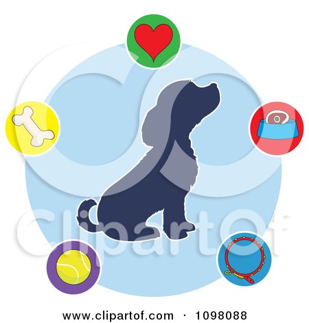 Clipart Silhouetted Seated Puppy In A Blue Circle Surrounded By Dog Items - Royalty Free Vector Illustration by Maria Bell