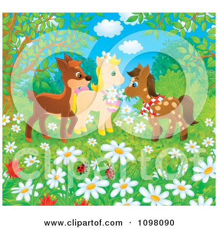Clipart Horses And A Deer In A Spring Meadow - Royalty Free Illustration by Alex Bannykh
