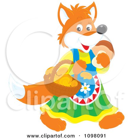 Clipart Happy Female Fox In Clothing Carrying Mushrooms - Royalty Free Vector Illustration by Alex Bannykh
