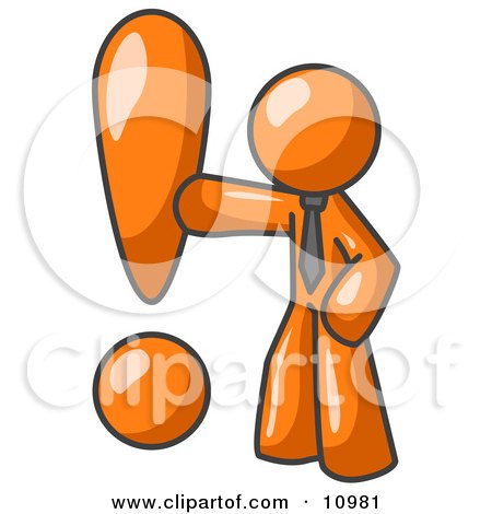 Orange Businessman Standing by a Large Exclamation Point Clipart Illustration by Leo Blanchette