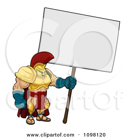Clipart Spartan Trojan Soldier Standing With A Blank Sign - Royalty Free Vector Illustration by AtStockIllustration