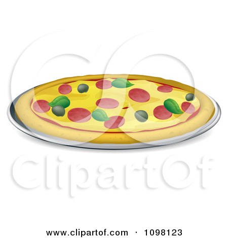 Clipart Pizza Pie Topped With Pepperoni Basil And Olives - Royalty Free Vector Illustration by AtStockIllustration