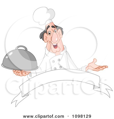 Clipart Friendly Male Chef Or Caterer Holding A Platter Over A Blank Banner - Royalty Free Vector Illustration by yayayoyo