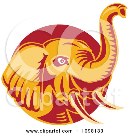 Clipart Orange And Red Retro Elephant With A Raised Trunk - Royalty Free Vector Illustration by patrimonio