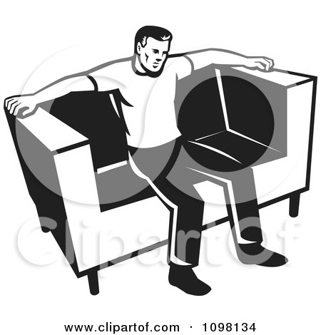 Clipart Retro Black And Whit Eman Sitting On A Couch - Royalty Free Vector Illustration by patrimonio