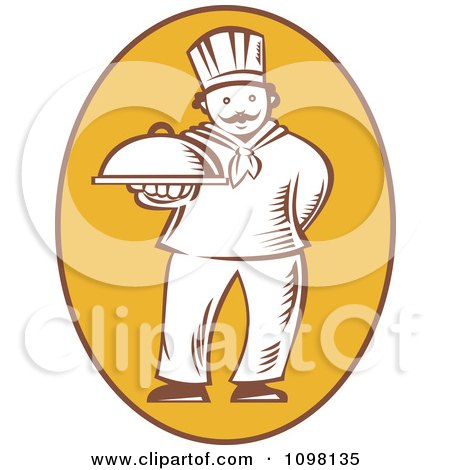 Clipart Retro Woodcut Chef Holding Out A Platter In A Yellow Oval - Royalty Free Vector Illustration by patrimonio
