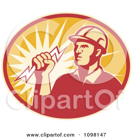 Clipart Retro Electrician Lineman Holding A Lightning Bolt In An Oval - Royalty Free Vector Illustration by patrimonio