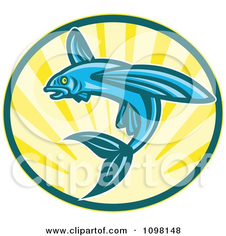 Clipart Blue Retro Woodcut Flying Fish Jumping Over Sunshine - Royalty Free Vector Illustration by patrimonio