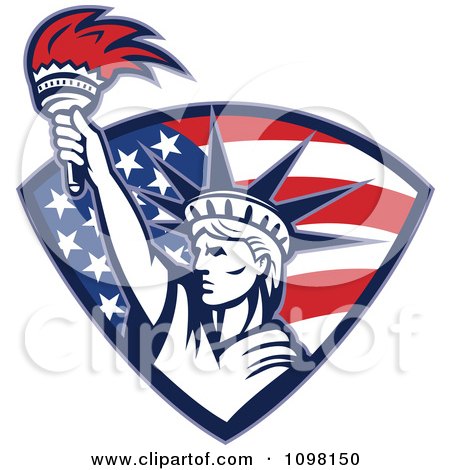 Clipart Statue Of Liberty Holding Up A Torch In An American Flag Shield - Royalty Free Vector Illustration by patrimonio