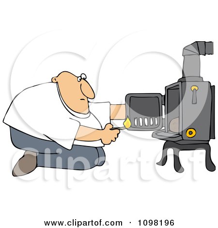 Clipart Man Kneeling In Front Of His Heat Stove To Light A Fire - Royalty Free Vector Illustration by djart