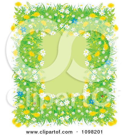Clipart Spring Ladybug Flower Dandelion Daisy And Blue Lily Frame With Copyspace - Royalty Free Vector Illustration by Alex Bannykh