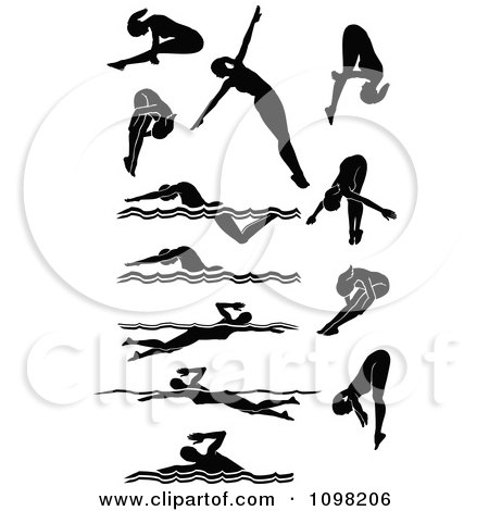 Clipart Black Silhouetted Female Swimmers - Royalty Free Vector Illustration by Chromaco