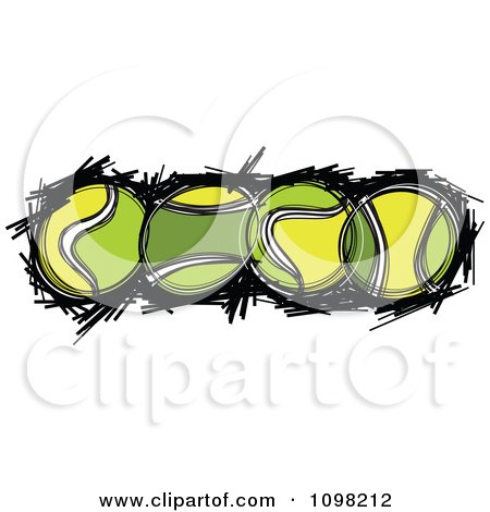 Clipart Four Sketched Tennis Balls Over Black Scribbles - Royalty Free Vector Illustration by Chromaco