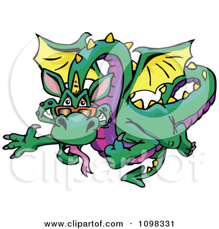 Clipart Flying Green And Purple Dragin Waving And Holding A Thumb Up - Royalty Free Vector Illustration by Dennis Holmes Designs