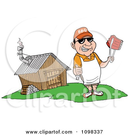 Clipart Happy White Chef Holding A Thumb Up And Ribs With Tongs By A Smoke House - Royalty Free Vector Illustration by LaffToon