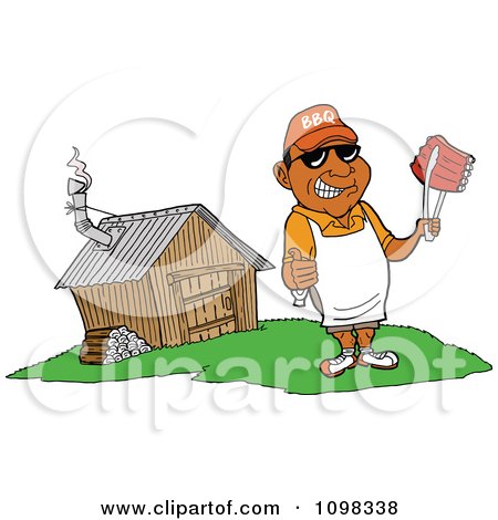 Clipart Happy Black Chef Holding A Thumb Up And Ribs With Tongs By A Smoke House - Royalty Free Vector Illustration by LaffToon