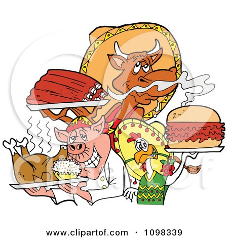 Clipart Chef Chicken Pig And Cow Holding Ribs Roasted Bird And Pulled Pork Burger - Royalty Free Vector Illustration by LaffToon