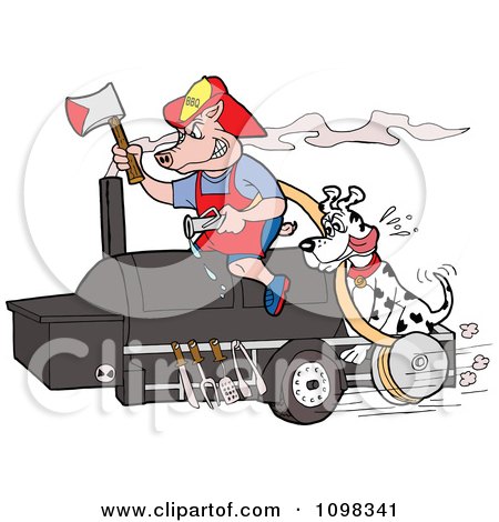 Clipart Firefighter Dalmation And Pig On A Smoker Bbq - Royalty Free Vector Illustration by LaffToon