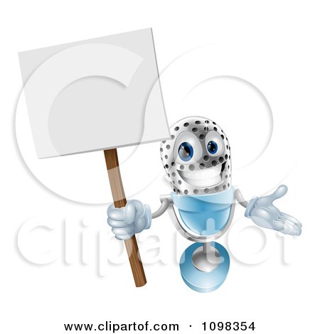Clipart 3d Happy Microphone Mascot Holding A Sign - Royalty Free Vector Illustration by AtStockIllustration