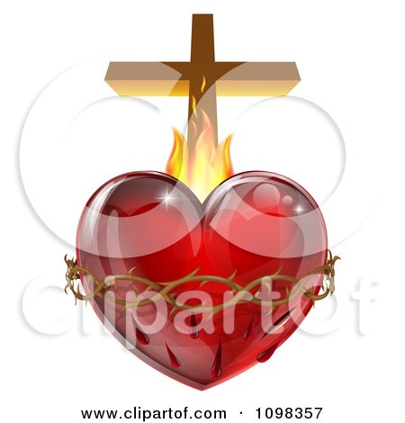 Clipart 3d Sacred Heart With Flames Thorns And A Cross - Royalty Free Vector Illustration by AtStockIllustration