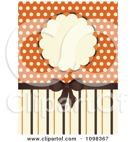 Clipart 3d Brown Bow With Orange And Beige Stripes A Frame And Polka Dots - Royalty Free Vector Illustration by elaineitalia