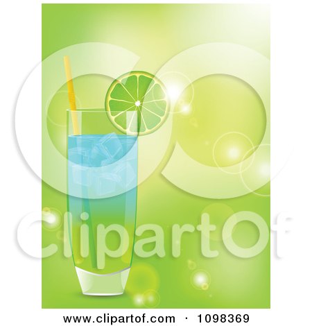 Clipart 3d Blue And Green Lime Garnished Cocktail Over Green With Flares - Royalty Free Vector Illustration by elaineitalia