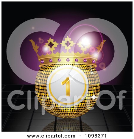 Clipart 3d Crowned Lottery Or Bingo Ball Over Reflective Tiles And Purple Flares - Royalty Free Vector Illustration by elaineitalia