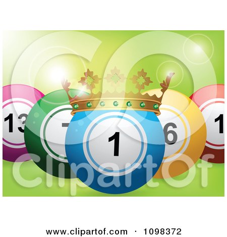 Clipart 3d Blue Crowned Lottery Or Bingo Ball With Other Balls Over Green With Flares - Royalty Free Vector Illustration by elaineitalia