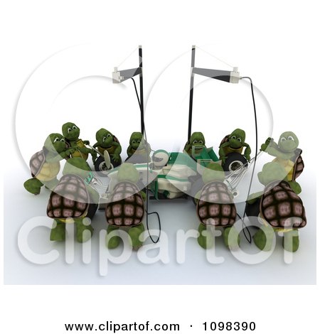 Clipart 3d Team Of Tortoises Working On A Race Car In A Pit Stop - Royalty Free CGI Illustration by KJ Pargeter