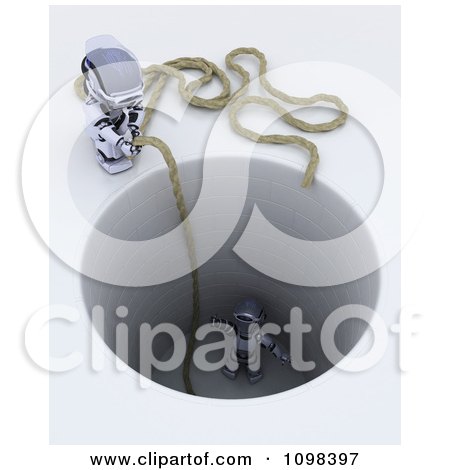 Clipart 3d Robot Dropping A Rope To Rescue Another Stuck In A Deep Hole - Royalty Free CGI Illustration by KJ Pargeter