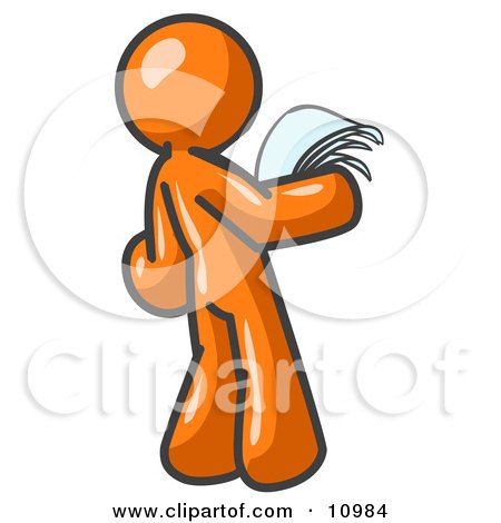 Serious Orange Man Reading Papers and Documents Clipart Illustration by Leo Blanchette