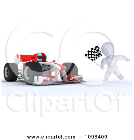 Clipart 3d Winning Race Car Driver And White Character With A Checkered Flag At The Finish Line - Royalty Free CGI Illustration by KJ Pargeter