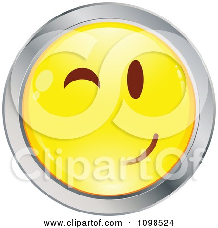 Clipart Flirty Winking Yellow And Chrome Cartoon Smiley Emoticon Face 1 - Royalty Free Vector Illustration by beboy