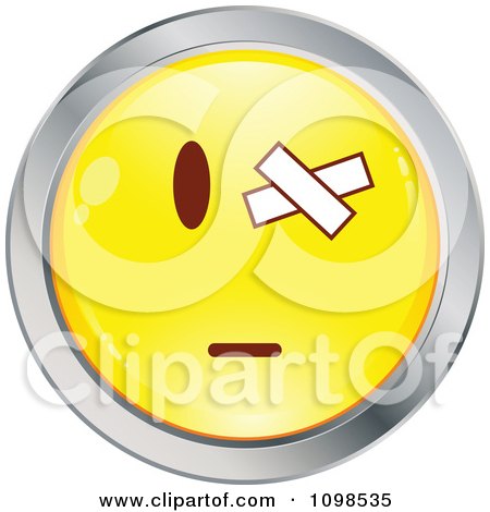 Clipart Yellow And Chrome Cartoon Smiley Emoticon Face With A Bandaged Eye - Royalty Free Vector Illustration by beboy