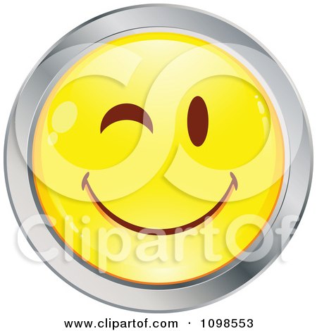 Clipart Flirty Winking Yellow And Chrome Cartoon Smiley Emoticon Face 2 - Royalty Free Vector Illustration by beboy