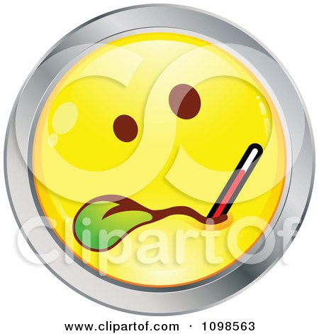 Clipart Sick Yellow And Chrome Cartoon Smiley Emoticon Face With A Thermometer - Royalty Free Vector Illustration by beboy