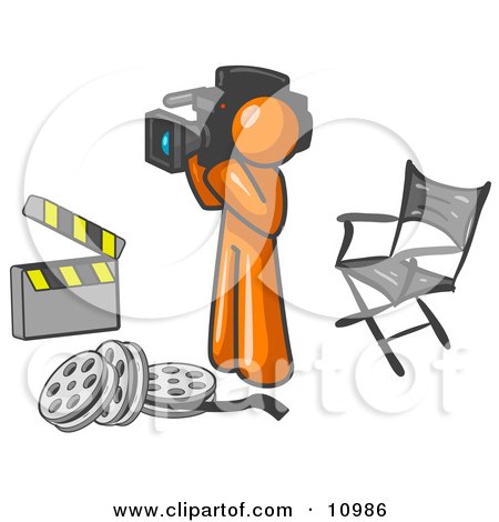Orange Man Filming a Movie Scene With a Video Camera in a Studio Clipart Illustration by Leo Blanchette