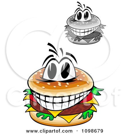 Clipart Grayscale And Colored Happy Cheeseburgers - Royalty Free Vector Illustration by Vector Tradition SM