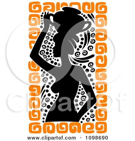 Clipart Silhouetted Ancient Medieval Greek Woman Carrying A Water Pot On Her Head With Black And Orange Designs - Royalty Free Vector Illustration by Vector Tradition SM